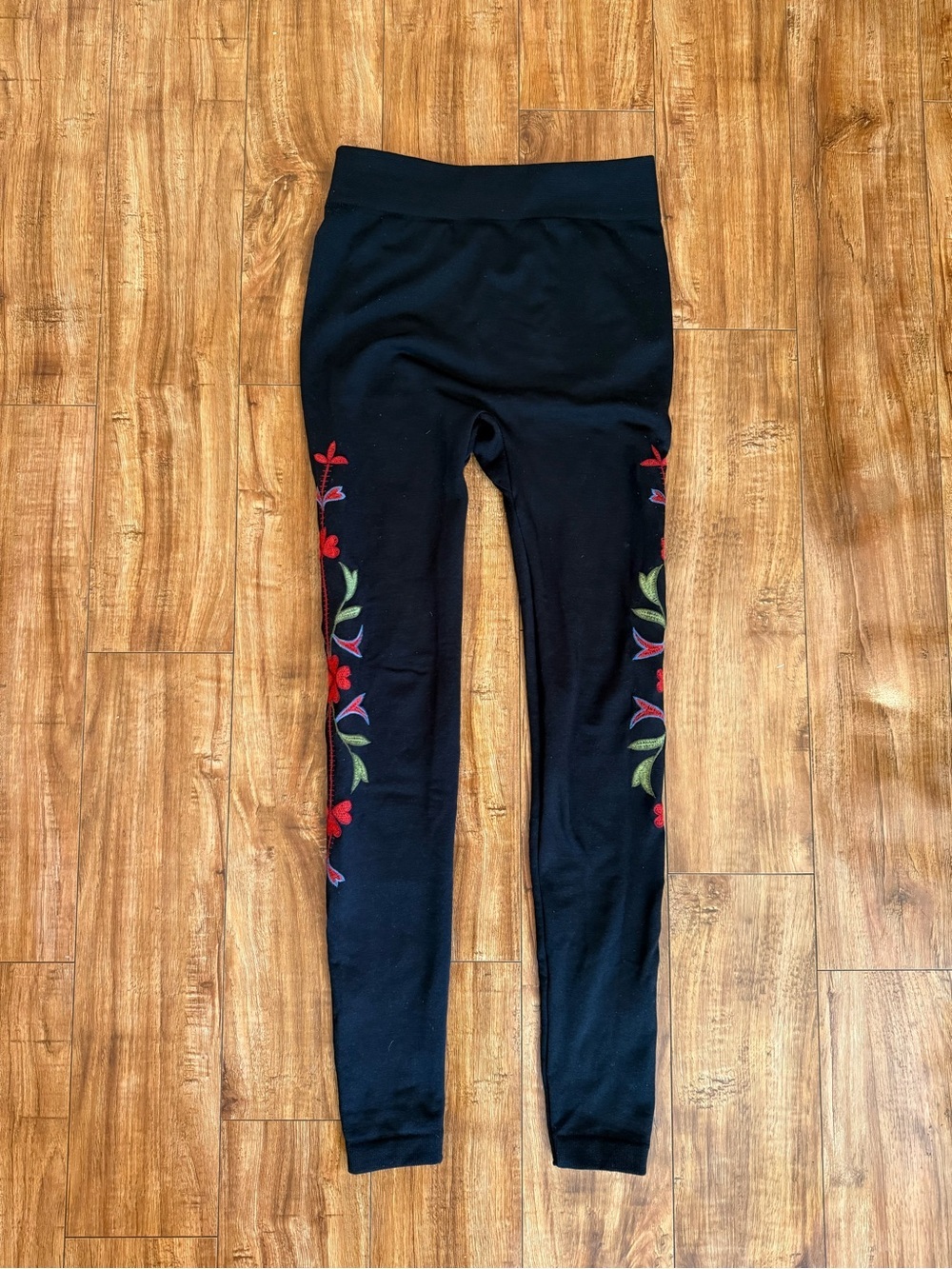 Angel Premium Black Fleece Lined Tights Embroidered Red Floral Small Medium